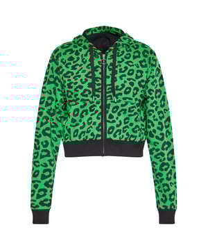 Wir präsentieren einen stylischen Hoodie mit auffälligem Panther-Muster.Dieser Kapuzenpullover verfügt über einen durchgehenden Reißverschluss und ist mit geripptem Kragen, Manschetten und Saum für zusätzlichen Komfort versehen. Ausgestattet mit zwei praktischen Taschen auf Taillenhöhe bietet sie eine reguläre Passform mit langen Ärmeln.  Sweatshirt