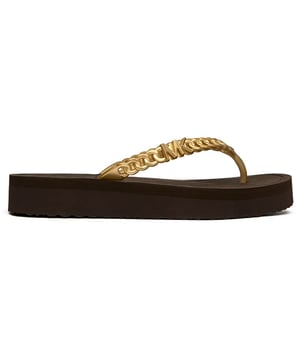 The Michael Kors Zaza brings luxe poolside vibes with its distinctive chain-effect straps that catch the light beautifully. These sleek brown slides feature durable PVC uppers and grippy rubber soles, making them perfect for everything from resort lounging to casual city strolls. The subtle MK branding adds that signature designer touch without being overpowering.
