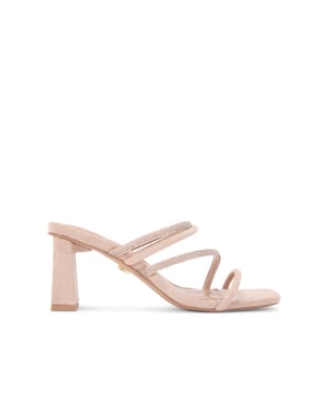 The Sasha from KG Kurt Geiger is a high block slip-on heel crafted from a soft pink microsuede. There are multiple straps securing the foot which are embellished with pink crystals. Heel height: 7cm.