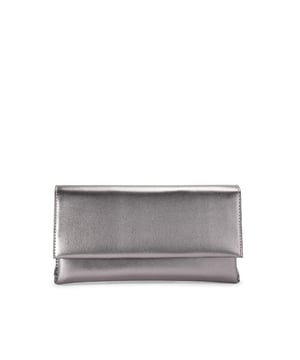 This Miss KG Brielle is a clutch bag created from a metallic pewter fabric. There is a silver branded pin on the back. Dimensions: 13cm (H), 25cm (L), 4cm (D). Strap length: 115cm.