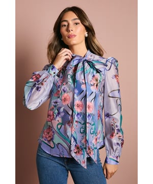 Long Sleeve Placement Print Chiffon Blouse