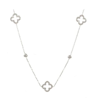 With its dainty silver clover motifs, this necklace from Latelita is a perfect way to add a touch of glamour to your look. The open clover design is delicate and feminine, and the seven sparkling clover motifs, hand-set with multifaceted white zircons, will take your style to the next level. Whether you're dressing up for a special occasion or just want to add a little bit of sparkle and a touch of glamour to your everyday look, this necklace is a great choice.The necklace length is 90cm with 5cm length adjuster for adjustable easy fit and fastens with a lobster clasp for the perfect fit. And at 8.9g its light and ideal for that flowing dress style or special occasion show piece.Make this necklace extra special by pairing it with the matching bracelet or earrings for a coordinated look. Or give it as a bridesmaid gift on your big day. Either way, the open Clover necklace is sure to be a hit.Four leaf clovers are a sign of good luck, and many people believe that finding one brings good fortune. They are often worn as a talisman or charm, and some people even carry them in their wallets to bring luck wherever they go. Some say that each leaf on the clover stands for something different: faith, hope, love, and luck.Our open clover long necklace is the perfect way to add some lucky charm and good vibes into your day. Wear it with any outfit, or just keep this one for when you really need a boost!