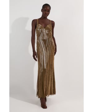 Beaded Contour Sweet Heart Neckline Woven Maxi Dress