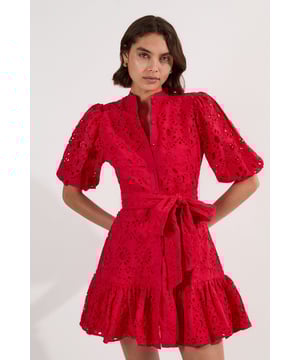 Cotton Broderie Woven Tie Waist Mini Dress
