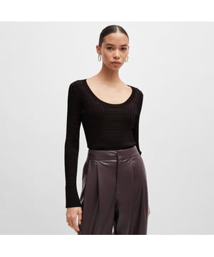 Women's BOSS Firama Scoop-neck sweater in ribbed stretch fabric in dark brownA contemporary sweater by BOSS, knitted in ribbed stretch fabric with a mouliné effect. This elegant design features a scoop neckline. This product is partially made from recycled cellulose-based fibres. The largest volume comes from pre-consumer waste.- for example, in textile production. The aim of using recycled materials is to save resources.- Wide neck.- Long sleeves.- 86% Recycled viscose, 12% Polyamide, 2% Elastane. Hand wash.