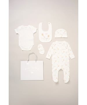 Surprise new parents with the printed 5-Piece baby gift Set from Rock A Bye Baby Boutique. This thoughtful bundle includes a cosy matching all-in-one, bodysuit, bib, hat, and mitts for essential wardrobe pieces. Crafted from 100% cotton, each item ensures their baby stays stylish and snug, perfect for everyday wear or special occasions. Packaged elegantly in a mesh bag.