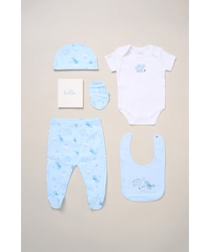 This 6-piece set from Rockabye Baby Boutique includes a bodysuit, footed trousers, bib, hat, mitts, and a memory book, all featuring an adorable all-over illustrated print. Soft and practical, it’s perfect for your little one’s first moments and makes a thoughtful gift to treasure precious memories.