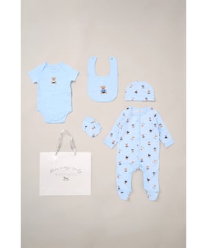 Surprise new parents with the printed 5-Piece baby gift Set from Rock A Bye Baby Boutique. This thoughtful bundle includes a cosy matching all-in-one, bodysuit, bib, hat, and mitts for essential wardrobe pieces. Crafted from 100% cotton, each item ensures their baby stays stylish and snug, perfect for everyday wear or special occasions. Packaged elegantly in a mesh bag.