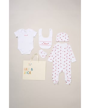 Surprise new parents with this adorable love heart printed five-Piece Hanging Gift Set from Lily and Jack. This thoughtful bundle features an all-over illustrated print, including a cosy all-in-one, coordinating bodysuit, bib, hat, and mitts. Crafted with care for style and comfort, each item ensures their baby stays snug and stylish for everyday wear or special occasions. Packaged elegantly in a mesh bag, it's the perfect way to celebrate the newest addition to their family.