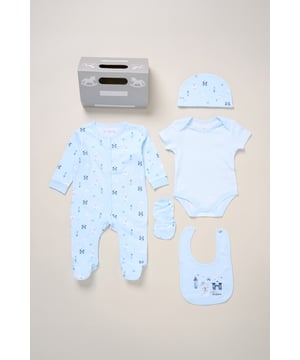 Surprise new parents with the printed 5-Piece baby gift Set from Rock A Bye Baby Boutique. This thoughtful bundle includes a cosy matching all-in-one, bodysuit, bib, hat, and mitts for essential wardrobe pieces. Crafted from 100% cotton, each item ensures their baby stays stylish and snug, perfect for everyday wear or special occasions. Packaged elegantly in a mesh bag.
