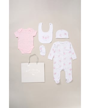 Surprise new parents with the printed 5-Piece baby gift Set from Rock A Bye Baby Boutique. This thoughtful bundle includes a cosy matching all-in-one, bodysuit, bib, hat, and mitts for essential wardrobe pieces. Crafted from 100% cotton, each item ensures their baby stays stylish and snug, perfect for everyday wear or special occasions. Packaged elegantly in a mesh bag.