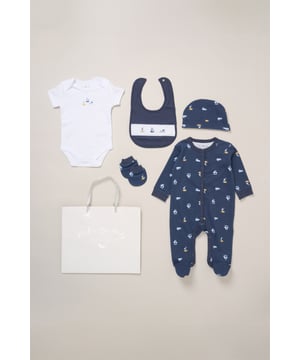 Surprise new parents with the printed 5-Piece baby gift Set from Rock A Bye Baby Boutique. This thoughtful bundle includes a cosy matching all-in-one, bodysuit, bib, hat, and mitts for essential wardrobe pieces. Crafted from 100% cotton, each item ensures their baby stays stylish and snug, perfect for everyday wear or special occasions. Packaged elegantly in a mesh bag.