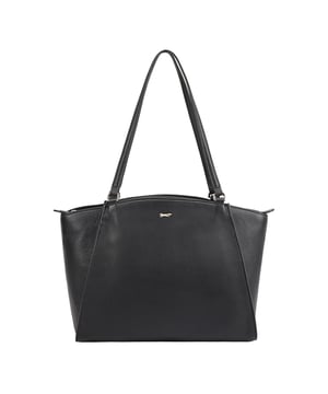 This uniquely shaped leather tote bag combines elegance with practicality, featuring a spacious central compartment secured by a top zip, perfect for work or casual outings. It offers convenient organization with external slip pockets on both sides, an internal zip pocket, and an additional slip pocket inside. Designed for comfort, the long shoulder handles make it easy to carry all day, while the clean silhouette is elevated by a sleek metal logo pin for a touch of refined style. D:18cm W:42.5cm H:27.5