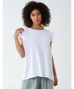 Exclusively by Blue Vanilla. Go for comfort this summer with this Button Back Frill Shoulder Top. Pair with jeans, strappy heels and a headband for an easy day to night look!