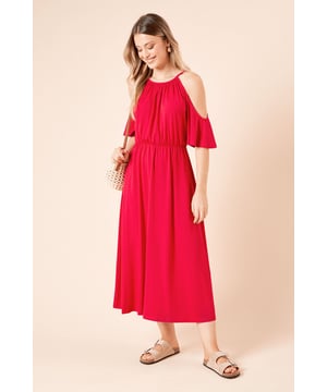 Elegant cold shoulder design with fluttery short sleeves for a feminine touch
        Flattering halterneck style with gathered neckline detail
        Elasticated waistband creates a defined silhouette
        Comfortable jersey fabric with gentle stretch for all-day wear
        Versatile midi length with a relaxed flowing skirt
    
    This Dorothy Perkins cold shoulder dress combines comfort with effortless style for your casual wardrobe. The soft jersey fabric drapes beautifully while the elasticated waist creates a flattering shape that works for various body types. Style with flat sandals and a woven bag for weekend brunches with friends, or dress it up with espadrille wedges for family gatherings and baby showers. The modest yet contemporary design, featuring the on-trend cold shoulder detail, offers the perfect balance between fashion-forward and understated elegance. For cooler days, layer with a lightweight denim jacket and accessorise with simple hoop earrings to complete the look. Machine washable for easy care, this dress will quickly become your go-to for those occasions when you want to look polished without trying too hard.