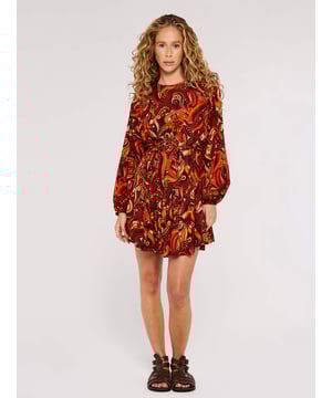Brown-Swirl Flute  Mini Dress-40-degree (warm) machine wash on synthetic cycle;Do not bleach;Do not tumble dry;Two dot iron (medium);Professional dry clean