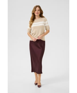 Dieses Damen-Stricktop mit Streifen hat einen lockeren Schnitt, halbe Ärmel und einen klassischen Rundhalsausschnitt. Weiches Material sorgt für hohen Tragekomfort im Alltag.  Schonwäsche 30°, Nicht bleichen, Nicht im Trockner trocknen, Liegend trocken im Schatten, Kalt bügeln max. 110° C, Trockenreinigung  80% Viskose,20% Nylon