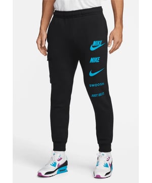 Nike Multi Logo Mens Drawstring Closure Jogger. - -.  Elastic Cuffs and Drawcord Waistband for a Secure fit. - -. The regular fit is Slim at the Hip and Relaxed through the Leg. - -. 2 Side Pockets and Single cargo pocket design.
