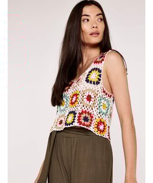 Cream-Crochet Crop Vest-30-degree (cold) machine wash on synthetic cycle, Do not bleach, Do not tumble dry, One dot iron (cool), Do not dry clean