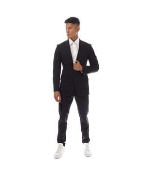 Single-breasted blazer  peak lapels  two-button closure  chest pocket  three side flap pockets  buttons on the cuffs  central back vent  straight hem  mid waist  hook and zip closure  adjustable side straps  two side pockets  two welt pockets with button on the back  straight leg.