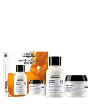 Discover the L'Oréal Professionnel Metal Detox Mini Kit, featuring a 100ml Anti-Breakage Shampoo and a 75ml Anti-Breakage Mask. This essential duo provides effective protection against hair breakage and color fade, making it ideal for travel or as a starter set. Enriched with Glicoamine, it tracks and neutralizes harmful metals within the hair, resulting in up to 87% less hair breakage after just one use and up to 2x more shine. Protect your hair from excess metals that can be absorbed from shower water, and enjoy vibrant, healthy locks with this professional haircare solution.