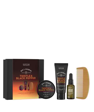 Elevate your grooming routine with the Scottish Fine Soaps Complete Beard Care Set featuring Thistle & Black Pepper. This luxurious kit includes Beard Balm, Beard Oil, and Face & Beard Wash, all infused with a captivating fragrance of whisky, spice, and amber. Each product is enriched with nourishing Milk Thistle extract, providing a rich, woody scent complemented by citrus, herbs, and sea buckthorn. The set includes a premium peach wood beard comb for easy styling. Perfect for maintaining a well-groomed beard, this set is essential for any modern man.