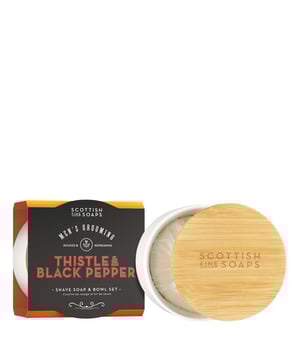 Experience the essence of Scotland with the Scottish Fine Soaps Thistle & Black Pepper Shave Soap and Bowl Set. This luxurious shave soap, weighing 100g, is enriched with a unique blend of Thistle and Black Pepper for a captivating fragrance. Infused with safflower oil, it moisturizes your skin while softening facial hair, ensuring a smooth and effortless shave. The set includes a stylish, reusable ceramic shave bowl with a bamboo lid, making it a perfect addition to your grooming routine. For best results, lather with a high-quality shaving brush for a close and comfortable shave.