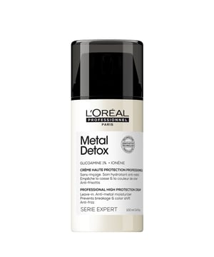Protect your hair from damaging metal particles with L'Oréal Professionnel SERIE EXPERT Metal Detox Anti-Metal Protection Cream. This powerful leave-in cream is formulated with 1% glicoamine to effectively remove metal deposits from your hair, preventing breakage and color fading. It provides intense moisture and strengthens your hair while protecting it from UV rays, oxidation, and heat up to 230°C/450°F. Enjoy stronger, shinier hair with every use. For best results, apply daily on towel-dried hair, using 1-4 pumps based on hair length.