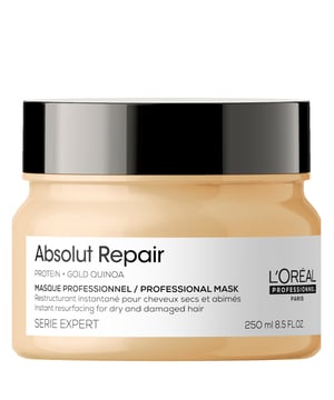 Revitalize your thick, damaged hair with the L'Oréal Professionnel SERIE EXPERT Absolut Repair Mask. Infused with nourishing gold quinoa and protein, this luxurious, butter-like mask provides extreme hydration and protection. Experience a remarkable 77% reduction in surface damage and achieve 7 times more shine. Your hair will feel shinier, softer, and more resilient. To use, simply apply to towel-dried hair, twist into lengths, and rinse thoroughly after 3 to 5 minutes. For optimal results, follow with the Absolut Repair 10 in 1 multi-benefits spray before styling.