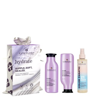 Revitalize your hair with the Pureology Hydrate Luxury Hair Care Gift Set, your ultimate solution for soft, hydrated locks. This exclusive set combines sage, green tea, and jojoba extract to rejuvenate dry hair. The Hydrate Shampoo cleanses while preserving moisture, and the Hydrate Conditioner leaves strands silky and nourished. Complete your routine with the Color Fanatic spray, offering 21 benefits for color-treated hair, including UV protection. Each 266ml bottle provides up to 80 washes, ensuring long-lasting care. Enjoy vegan, sulfate-free formulas made from 95% recycled materials.