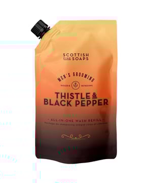 Experience the invigorating essence of Scotland with the Scottish Fine Soaps Thistle & Black Pepper All-In-One Wash Refill. This luxurious formula is enriched with hydrating magnesium, purifying oat extract, and soothing panthenol to nourish your skin and hair. The extra-large pouch provides nearly 2.5 refills for your 500ml bottle, making it a practical choice for daily use. Enjoy the rich, woody aroma of amber, complemented by refreshing citrus and herbal notes. Simply lather over wet skin and hair, then rinse with warm water for a rejuvenating cleanse.