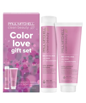Discover the Paul Mitchell Color Love Gift Set, designed for vibrant, beautiful hair. This set includes:

- Paul Mitchell Clean Beauty Color Protect Shampoo (250ml): This gentle shampoo cleanses your hair while protecting its color. Infused with antioxidant-rich pomegranate extract, it helps prevent color fade caused by environmental factors and free radicals. Borage oil works to visibly reduce damage while restoring shine and radiance. Sulphate-free and vegan-friendly, it’s perfect for maintaining your hair’s health.

- Paul Mitchell Clean Beauty Color Protect Conditioner (250ml): This nourishing conditioner replenishes and conditions color-treated hair, extending color vibrancy. Also infused with pomegranate extract and borage oil, it softens hair, enhances manageability, and boosts shine. For optimal results, pair with the Clean Beauty Color Protect Leave-In Treatment. 

Elevate your hair care routine with this luxurious gift set!