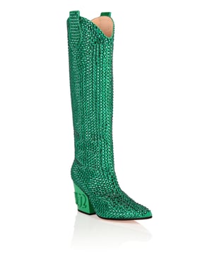 mit Schmucksteinen  Verleihen Sie Ihrem Cowgirl-Look eine glamouröse Rocknote mit diesen mit Juwelen besetzten Wildlederstiefeln. Sehen Sie sich den Absatz an und erfahren Sie mehr.     Obermaterial aus strassbesetztem Veloursleder    Lackierter ABS-Absatz mit geprägtem Plein Gothic    Reißverschluss an der Seite    Zuglaschen am Schaft    Sohle aus echtem Leder mit schwarzem Rand    Innenfutter aus Nappa    Gewebtes Label auf dem Fußbett
