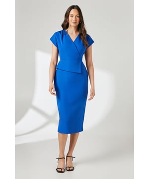 Elegant crepe pencil dress featuring a distinctive peplum detail at the waist for a flattering silhouette
        Sophisticated V-neckline that frames the dcolletage beautifully
        Cap sleeve design offering comfortable arm coverage whilst maintaining a feminine look
        Figure-enhancing pencil skirt with a back vent for ease of movement
        Back zip fastening for a sleek, streamlined fit
    
    This Principles peplum detail dress combines contemporary style with classic tailoring for a versatile daywear option. The structured crepe fabric creates a polished look whilst the peplum waist detail adds visual interest and enhances your natural curves. Style with minimal jewellery and strappy heels as shown for family gatherings, or dress down with a cropped denim jacket and trainers for casual weekend brunches. The midi length makes it appropriate for various daytime occasions, from office meetings to afternoon teas. For cooler days, layer with a lightweight cardigan or tailored blazer without compromising the dress's refined silhouette. The timeless design ensures this piece will remain a wardrobe staple that transitions effortlessly between seasons.