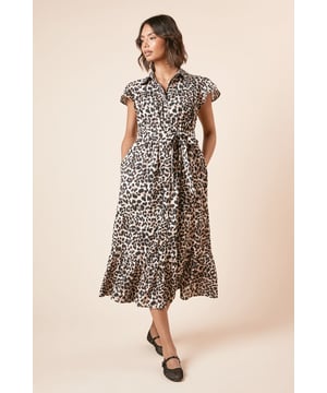 Leopard Frill Sleeve Belted Midi Shirt Dress