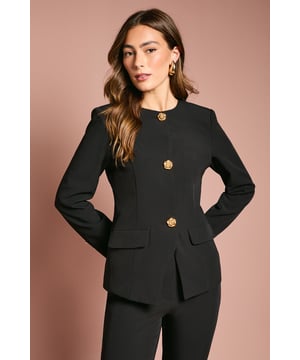 Tailored crepe jacket with elegant rose-shaped button detailing for a distinctive touch
        Clean crew neckline creates a sophisticated silhouette perfect for formal occasions
        Structured long sleeves with subtle button detail at cuffs for refined finishing
        Expertly crafted front pockets add practical functionality without compromising style
        Tailored fit contours the body beautifully while allowing comfortable movement
    
    This exquisitely crafted Coast tailored jacket presents the perfect centrepiece for your occasion wardrobe. The distinctive rose-shaped buttons create a focal point against the clean lines of the garment, whilst the tailored silhouette flatters your figure with subtle contouring. Style as seen with coordinating trousers and a statement fascinator for race day sophistication, or pair with a flowing midi skirt for wedding guest perfection. The versatile design transitions seamlessly from daytime ceremonies to evening receptions. For less formal settings, layer over a silk camisole with tailored trousers and delicate jewellery for an elegant dinner ensemble. The jacket's refined structure and thoughtful detailing reflect the quality craftsmanship synonymous with Coast, ensuring you command attention at your most important events.