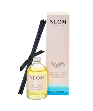 Transform your space with the Neom Wellbeing London Scent To De-Stress Reed Diffuser Refill. This 100ml refill rejuvenates your environment for up to 12 weeks with a blend of 24 essential oils, including calming lavender and uplifting jasmine. Neom's commitment to natural ingredients ensures each fragrance promotes genuine wellbeing. Perfect for relaxation, this refill creates a tranquil atmosphere at home or on the go. Simply replace the collar, insert the reeds, and let the calming aroma fill your room.