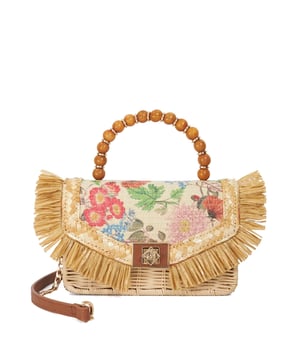 Update your summer style with Blooms. Available in boucle and denim this foldover profile features sparkling jewel embellished flowers and our signature turn lock closure. This woven style features a removable cross body strap, and a striking beaded top handle offers the final touch of distinction.