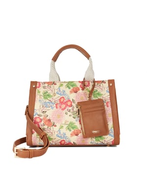 Style up your accessories edit with Dinkydialect and make a lasting impression. Adorned with a bold floral print, this stunning tote comes with a convenient card holder charm for easy access. Designed with double grab handles, canvas detailing, gold-tone fittings and studs, it offers both style and durability. The optional crossbody strap provides versatile wear options, while the magnetic popper fastening ensures security. With a fully lined interior and a zip pocket for organisation, this tote is completed with signature Dune London branding for a touch of luxury.