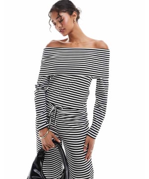 Tops by Pieces Part of a co-ord set Bottoms sold separately Stripe design Bardot neck Long sleeves Regular fitSold By: Asos