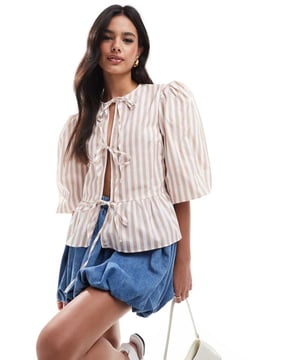 Tops by ASOS DESIGN Adding to bag in 3, 2, 1? Stripe design Round neck Puff sleeves Tie-fastening Peplum hem Regular fitSold By: Asos