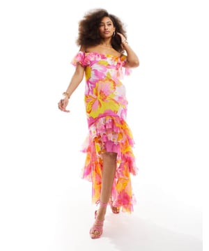 Dresses by ASOS DESIGN Coming soon to your IG feed Bardot neck Tie-back fastening Raw-cut hem Regular fitSold By: Asos