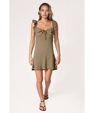 A fabulous summer dress for warm days - dress up or down to suit. It features a delicate ruffle around a flattering square neckline, crafted from lightweight, textured fabric for breathable comfort. The fit-and-flare silhouette enhances your shape, while tie details at the neck and back add a charming, adjustable finish.

27" from Chest to Hem.