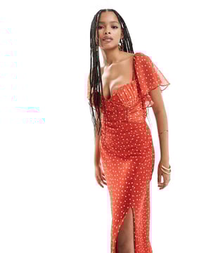 Dresses by ASOS DESIGN Thanks, it's ASOS Spot design Sweetheart neck Corset bodice Flutter sleeves Cut-out back Button-keyhole back Front split Regular fitSold By: Asos