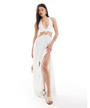 Dresses by Missyempire No need to keep scrolling Halterneck style Plunge front Cut-out detail Ring detail Strappy sides Stretch panel to back Hook closure Front splits Regular fitSold By: Asos