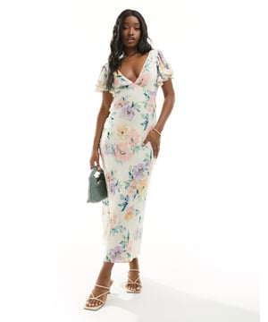 Dresses by Abercrombie & Fitch Coming soon to your IG feed Floral design V-neck Flutter sleeves Zip-back fastening Regular fitSold By: Asos