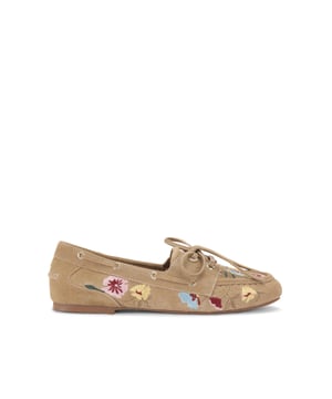 This Nani flat loafer is crafted from a beige suede which is embroidered with flowers. There is a lace up detail on the front.