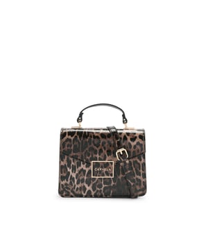 This Carvela Jessica Top Handle Bag features a leopard print patent exterior. There is a gold branded plate on the front flap. Dimensions: 15 cm (H), 17 cm (L), 7 cm (D). Strap length: 125cm.