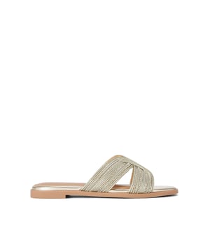 This KG Kurt Geiger Pose Sandal is a slip-on sandal with gold rope and crystal embellishment across the cut-out strap.