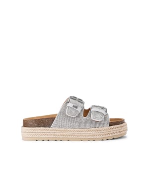 This KG Kurt Geiger Raquel Gem is a slip-on sandal with silver crystal embellishment across both of the straps. The straps are fastened with silver buckles and the sole is in a rope style.